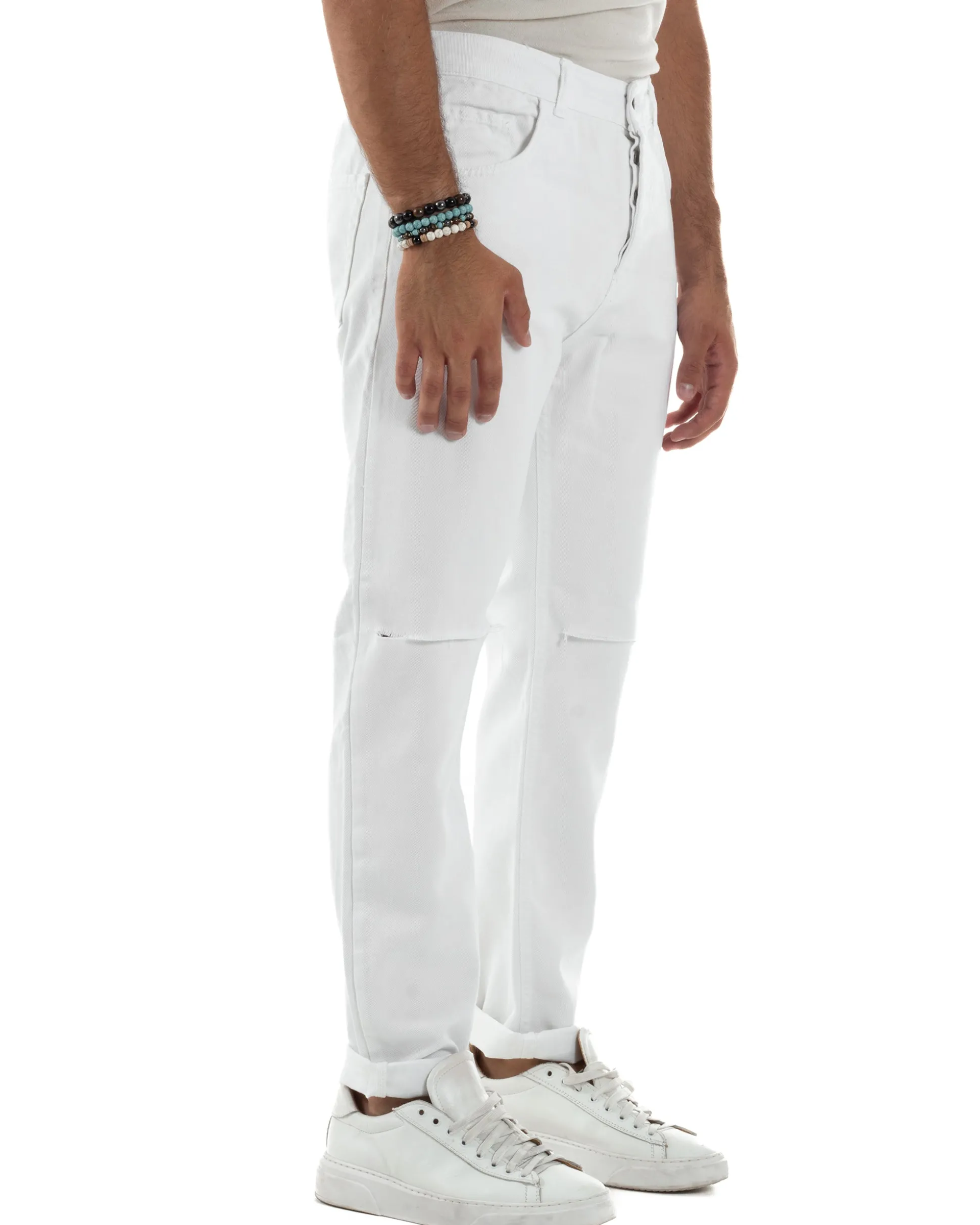 Jeans Uomo Loose Fit Pantaloni Taglio Ginocchio Casual Basic Bianco JS1133A