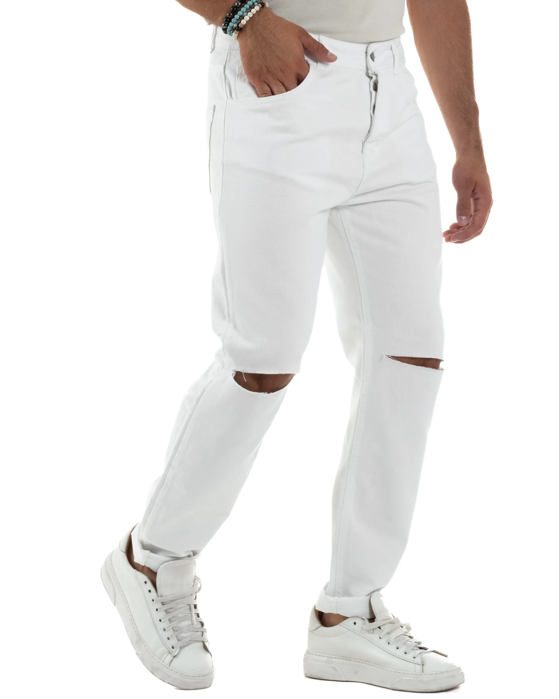 Jeans Uomo Loose Fit Pantaloni Taglio Ginocchio Casual Basic Bianco JS1133A