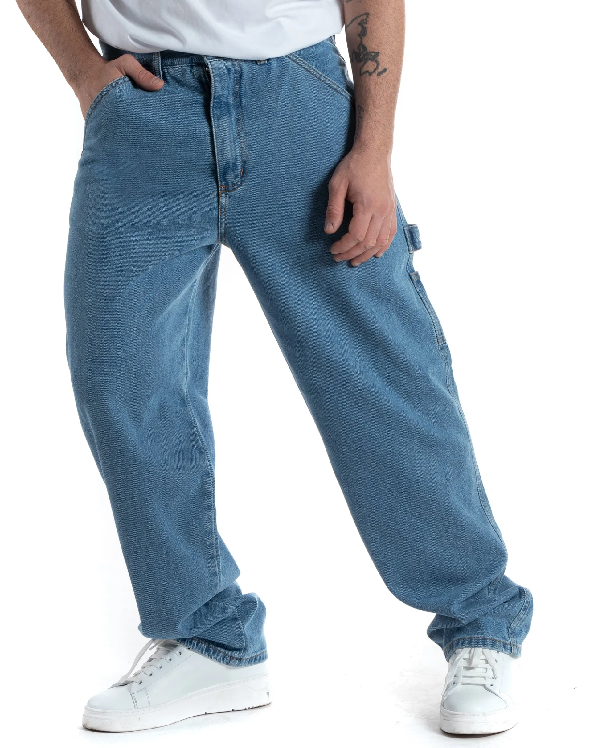 Jeans Uomo Pantaloni Baggy Carpenter Worker Cinque Tasche Comodo Basic Wide Fit Cargo Con Ricamo Denim Chiaro GIOSAL-P5991A