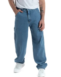 Jeans Uomo Pantaloni Baggy Carpenter Worker Cinque Tasche Comodo Basic Wide Fit Cargo Con Ricamo Denim Chiaro GIOSAL-P5991A