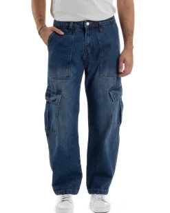 Jeans Uomo Pantaloni Cargo Denim Scuro Baggy Fit JS1155A
