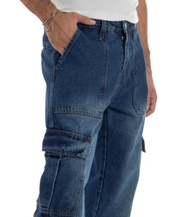 Jeans Uomo Pantaloni Cargo Denim Scuro Baggy Fit JS1155A