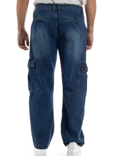 Jeans Uomo Pantaloni Cargo Denim Scuro Baggy Fit JS1155A