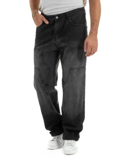 Jeans Uomo Pantaloni Carpenter Denim Sfumato Nero Baggy Fit JS1157A
