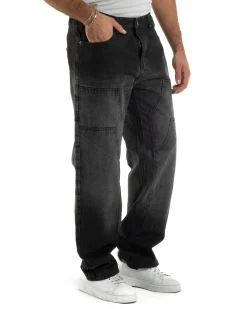 Jeans Uomo Pantaloni Carpenter Denim Sfumato Nero Baggy Fit JS1157A