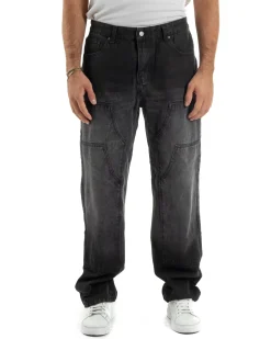 Jeans Uomo Pantaloni Carpenter Denim Sfumato Nero Baggy Fit JS1157A