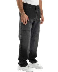 Jeans Uomo Pantaloni Carpenter Denim Sfumato Nero Baggy Fit JS1157A