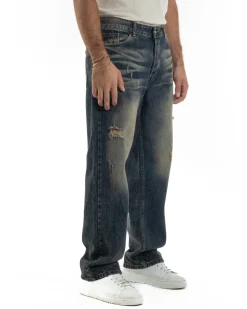 Jeans Uomo Pantaloni Denim Sfumato Sabbiato Baggy Fit JS1159A