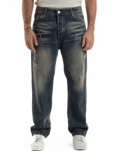 Jeans Uomo Pantaloni Denim Sfumato Sabbiato Baggy Fit JS1159A