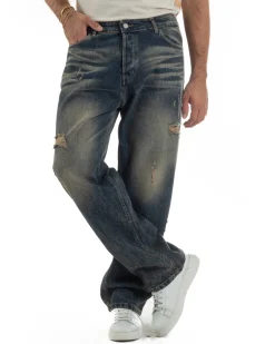 Jeans Uomo Pantaloni Denim Sfumato Sabbiato Baggy Fit JS1159A