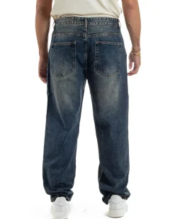 Jeans Uomo Pantaloni Denim Sfumato Sabbiato Blu Baggy Fit JS1158A