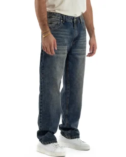Jeans Uomo Pantaloni Denim Sfumato Sabbiato Blu Baggy Fit JS1158A