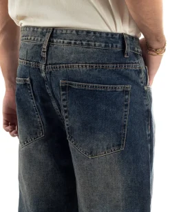 Jeans Uomo Pantaloni Denim Sfumato Sabbiato Blu Baggy Fit JS1158A