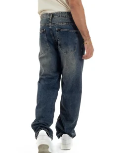 Jeans Uomo Pantaloni Denim Sfumato Sabbiato Blu Baggy Fit JS1158A