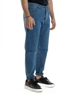 Jeans Uomo Pantaloni Regular Fit Basic Taglio Al Ginocchio Denim Scuro JS1101A