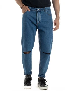 Jeans Uomo Pantaloni Regular Fit Basic Taglio Al Ginocchio Denim Scuro JS1101A