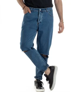 Jeans Uomo Pantaloni Regular Fit Basic Taglio Al Ginocchio Denim Scuro JS1101A