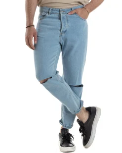 Jeans Uomo Pantaloni Regular Fit Basic Taglio Al Ginocchio Denim Medio JS1100A