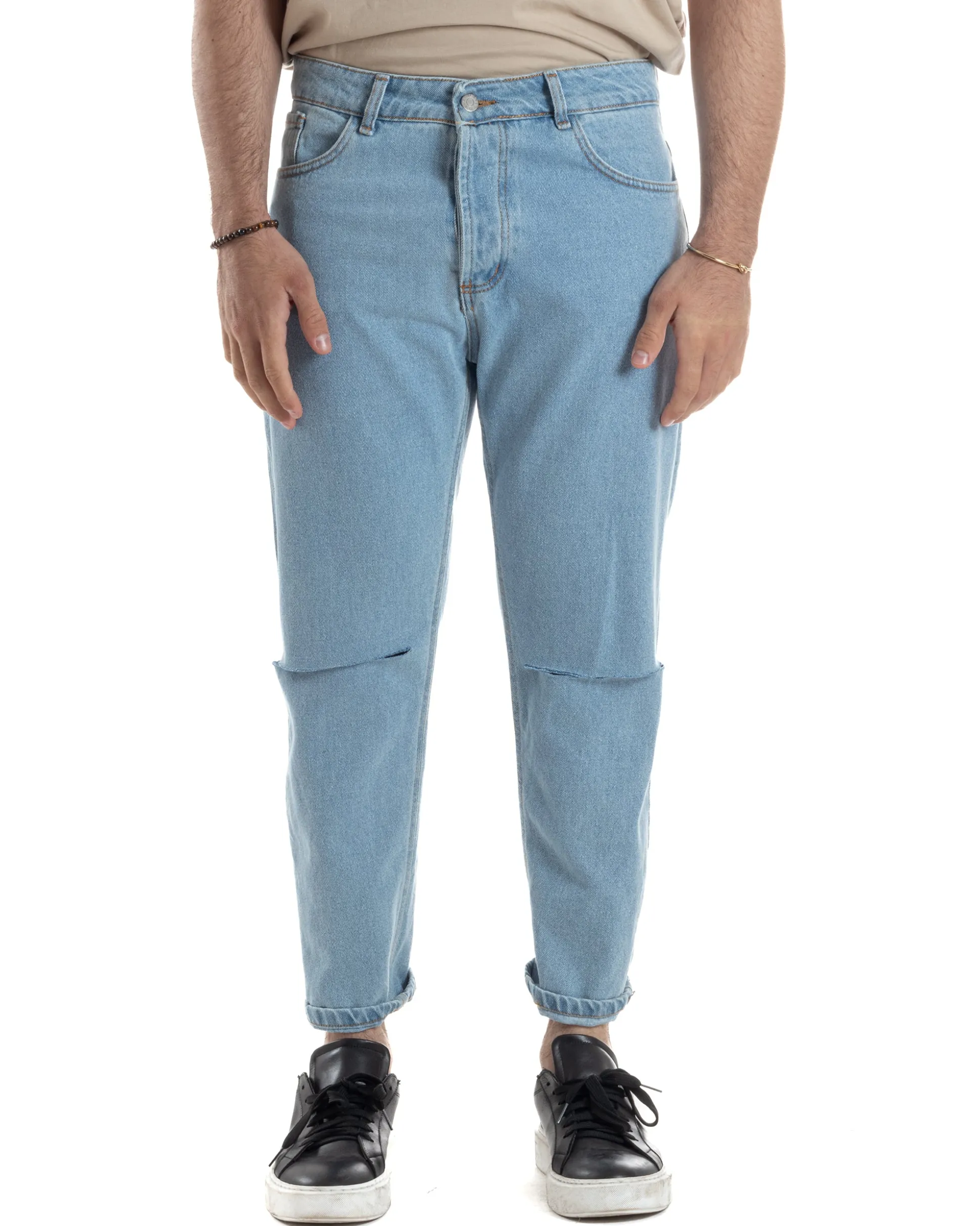 Jeans Uomo Pantaloni Regular Fit Basic Taglio Al Ginocchio Denim Medio JS1100A