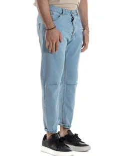 Jeans Uomo Pantaloni Regular Fit Basic Taglio Al Ginocchio Denim Medio JS1100A