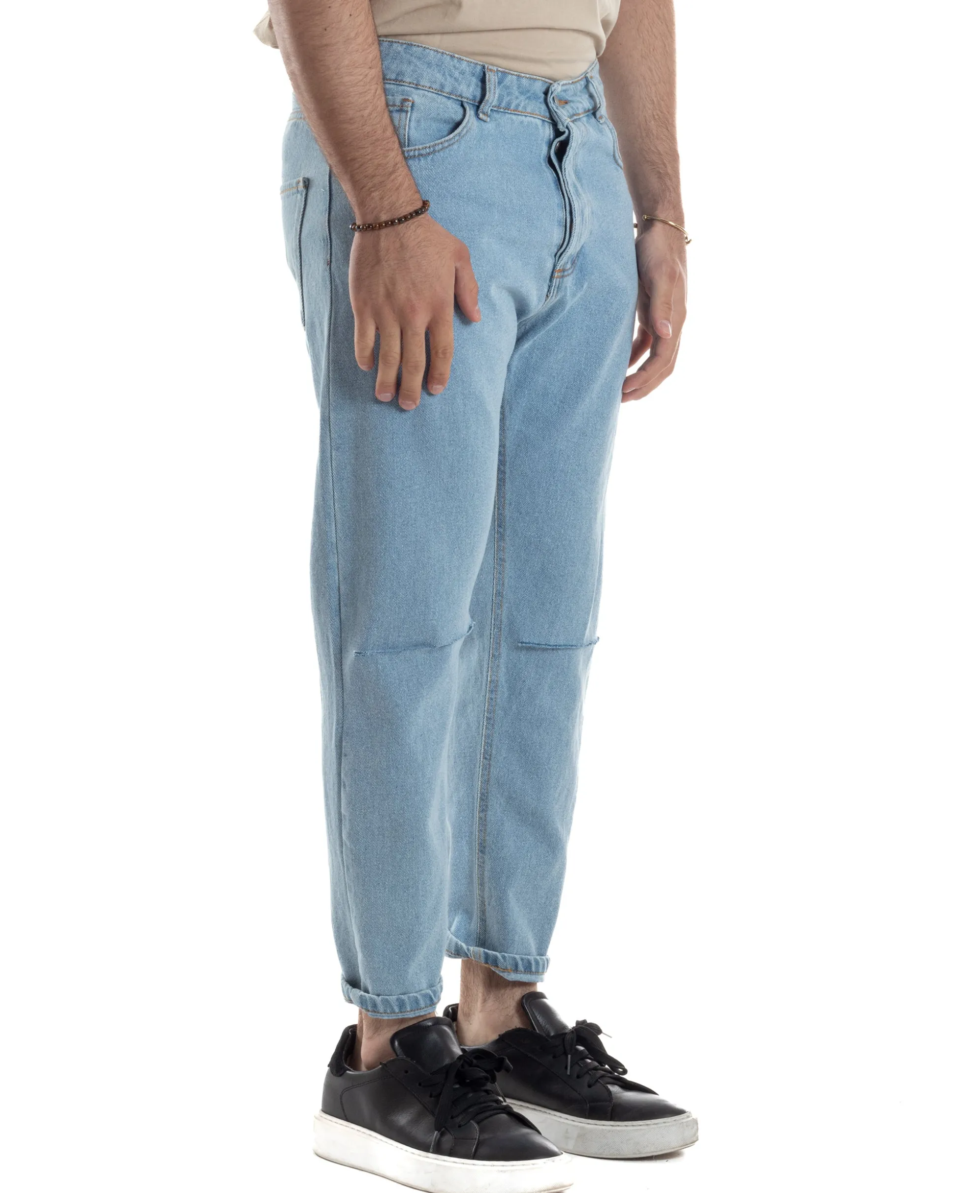 Jeans Uomo Pantaloni Regular Fit Basic Taglio Al Ginocchio Denim Medio JS1100A