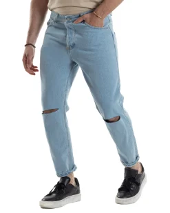 Jeans Uomo Pantaloni Regular Fit Basic Taglio Al Ginocchio Denim Medio JS1100A