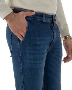 Jeans Uomo Pantaloni Tasche America Slim Fit Basic Denim Scuro Blu JS1170A