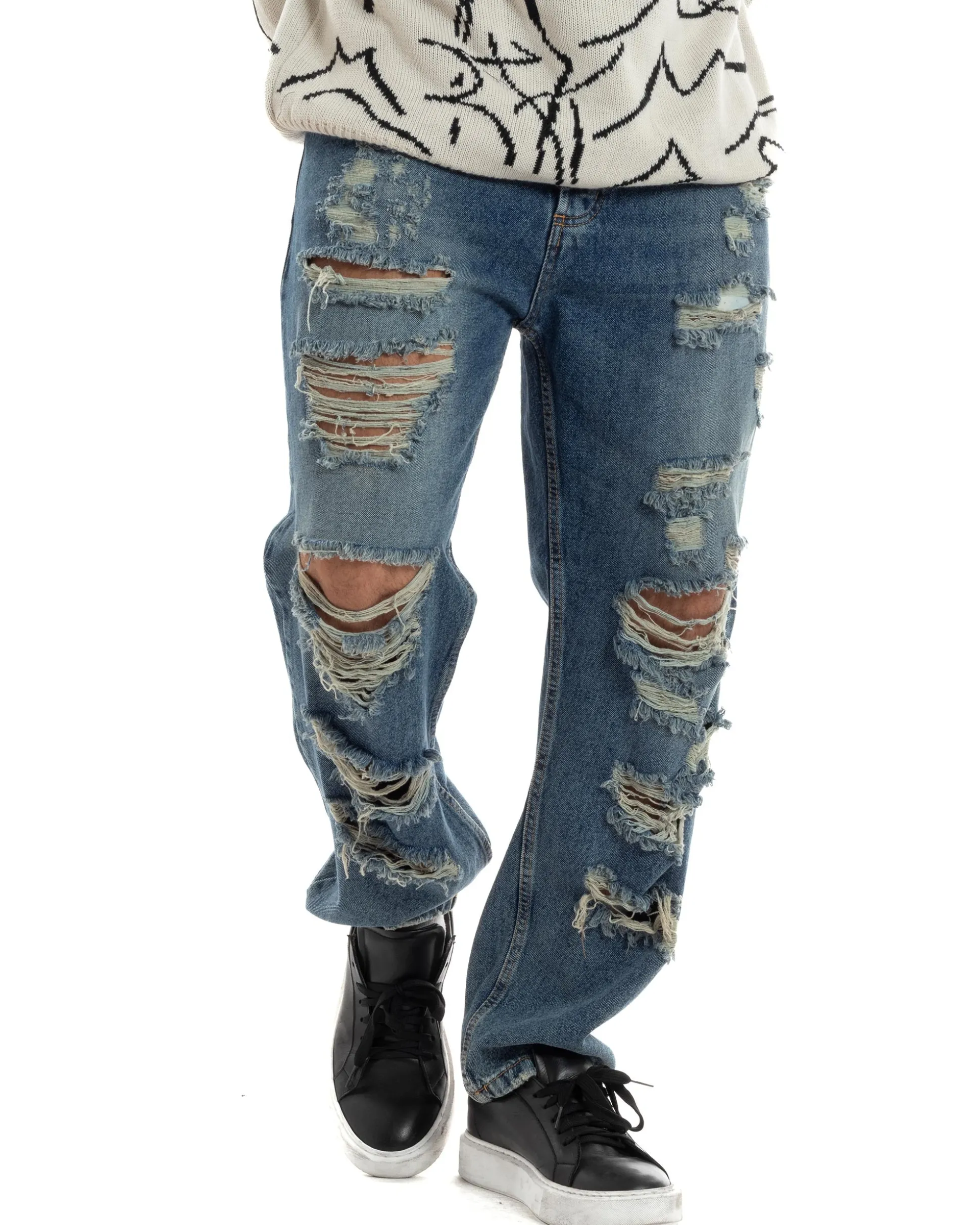 Jeans Uomo Sabbiato Pantaloni Con Rotture Streetwear Cinque Tasche Straight Fit Casual Stone Washed Cotone Denim GIOSAL-JS1059A