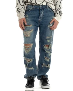 Jeans Uomo Sabbiato Pantaloni Con Rotture Streetwear Cinque Tasche Straight Fit Casual Stone Washed Cotone Denim GIOSAL-JS1059A
