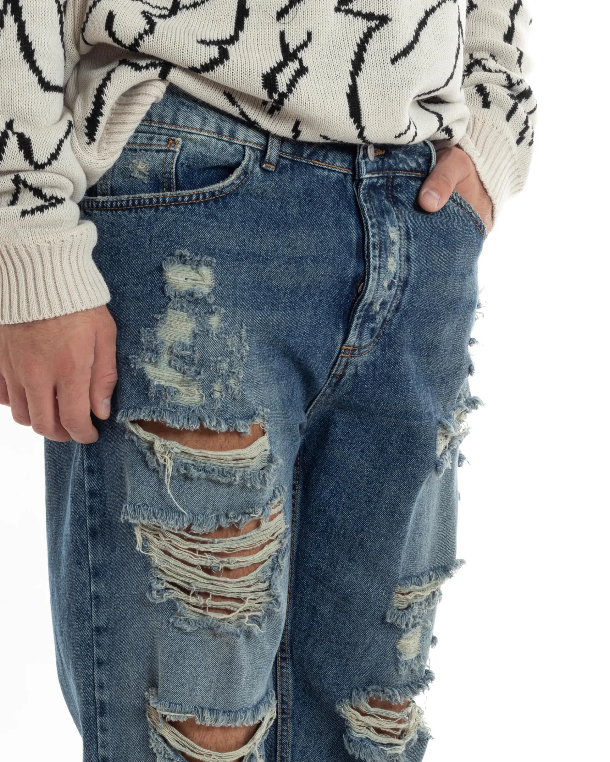 Jeans Uomo Sabbiato Pantaloni Con Rotture Streetwear Cinque Tasche Straight Fit Casual Stone Washed Cotone Denim GIOSAL-JS1059A