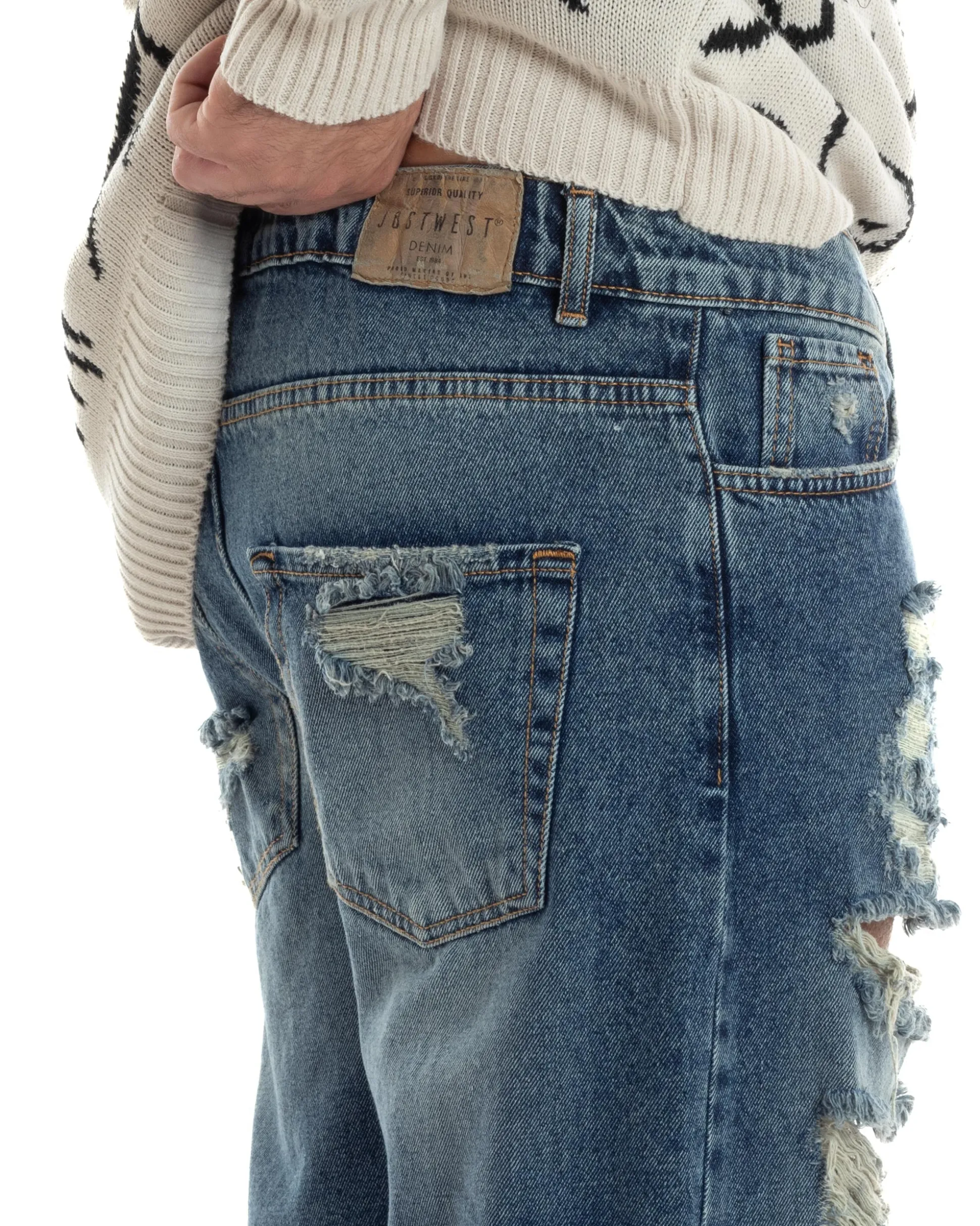 Jeans Uomo Sabbiato Pantaloni Con Rotture Streetwear Cinque Tasche Straight Fit Casual Stone Washed Cotone Denim GIOSAL-JS1059A