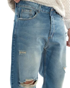 Jeans Uomo Sabbiato Pantaloni Denim Con Rotture Sfrangiato Baggy Stone Washed Casual GIOSAL-JS1060A