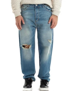 Jeans Uomo Sabbiato Pantaloni Denim Con Rotture Sfrangiato Baggy Stone Washed Casual GIOSAL-JS1060A