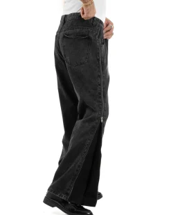Jeans Uomo Wide Leg Zip Laterali Pantaloni Baggy Denim Nero JS1161A