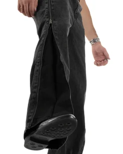 Jeans Uomo Wide Leg Zip Laterali Pantaloni Baggy Denim Nero JS1161A