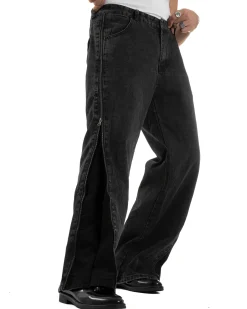Jeans Uomo Wide Leg Zip Laterali Pantaloni Baggy Denim Nero JS1161A