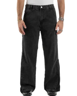 Jeans Uomo Wide Leg Zip Laterali Pantaloni Baggy Denim Nero JS1161A