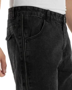 Jeans Uomo Wide Leg Zip Laterali Pantaloni Baggy Denim Nero JS1161A