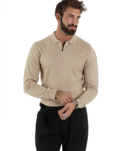 Maglia Colletto Polo Con Zip Basic Beige M3030A