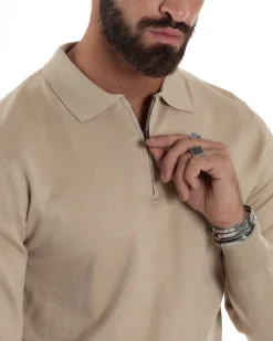 Maglia Colletto Polo Con Zip Basic Beige M3030A