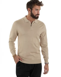 Maglia Colletto Polo Con Zip Basic Beige M3030A