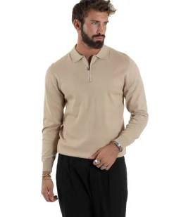 Maglia Colletto Polo Con Zip Basic Beige M3030A