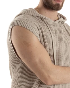 Maglia Gilet Uomo Maglioncino Con Cappuccio Smanicato Basic Casual Tinta Unita Beige GIOSAL-M2831A
