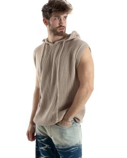 Maglia Gilet Uomo Maglioncino Con Cappuccio Smanicato Basic Casual Tinta Unita Beige GIOSAL-M2831A
