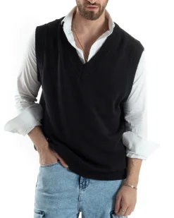Maglia Gilet Uomo Maglioncino Scollo V Smanicato Basic Casual Tinta Unita Nero GIOSAL-M2827A