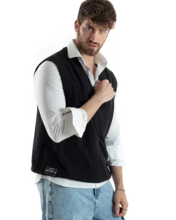 Maglia Gilet Uomo Maglioncino Scollo V Smanicato Basic Casual Tinta Unita Nero GIOSAL-M2827A
