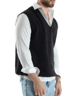 Maglia Gilet Uomo Maglioncino Scollo V Smanicato Basic Casual Tinta Unita Nero GIOSAL-M2827A