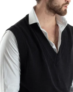 Maglia Gilet Uomo Maglioncino Scollo V Smanicato Basic Casual Tinta Unita Nero GIOSAL-M2827A