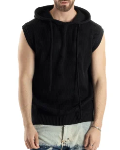 Maglia Gilet Uomo Maglioncino Con Cappuccio Smanicato Basic Casual Tinta Unita Nero GIOSAL-M2829A