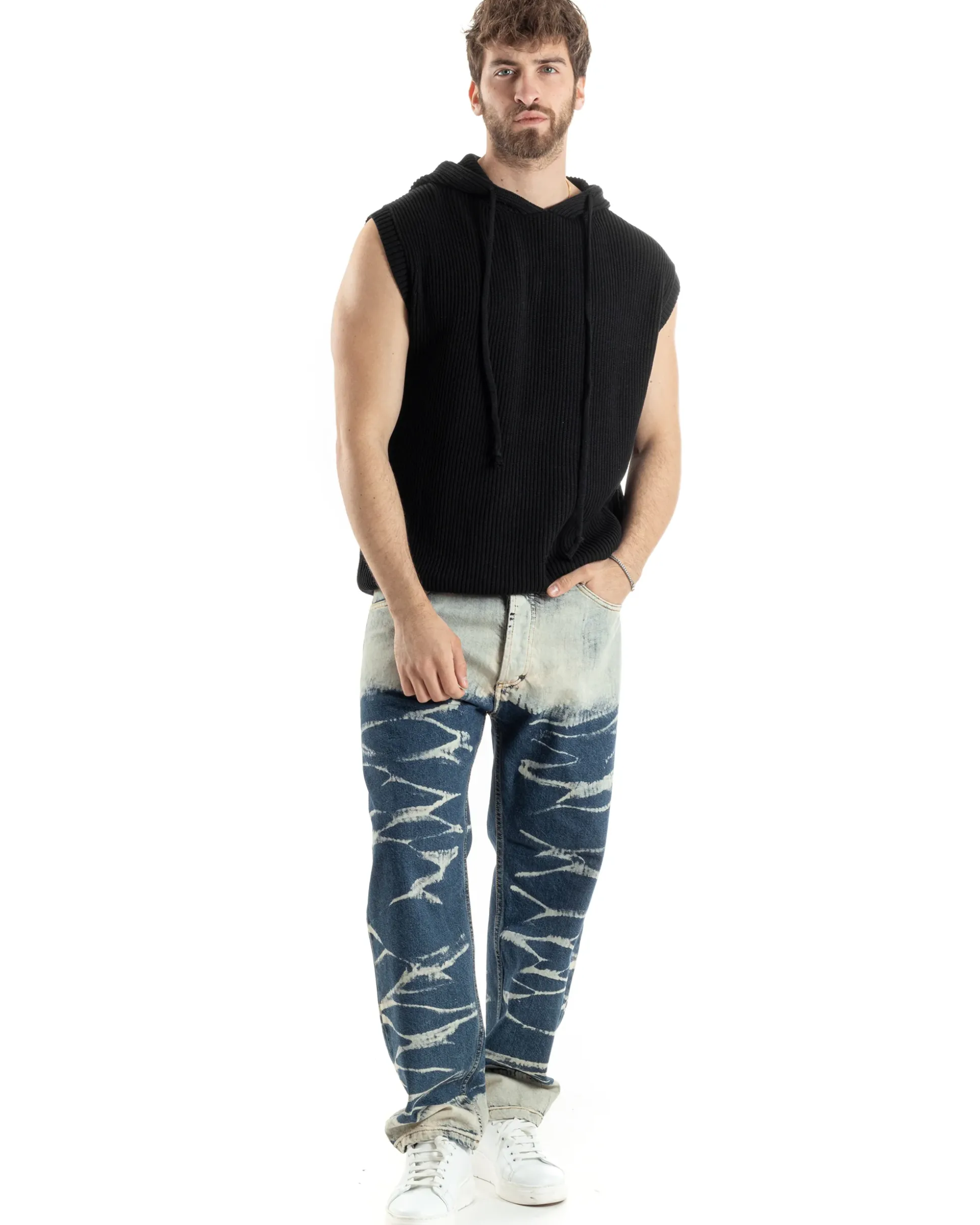 Maglia Gilet Uomo Maglioncino Con Cappuccio Smanicato Basic Casual Tinta Unita Nero GIOSAL-M2829A